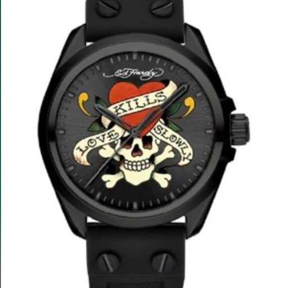 Ed Hardy Men’s Skull Print Dial Matte Black Silicone Strap Analog Watch New - Picture 5 of 7